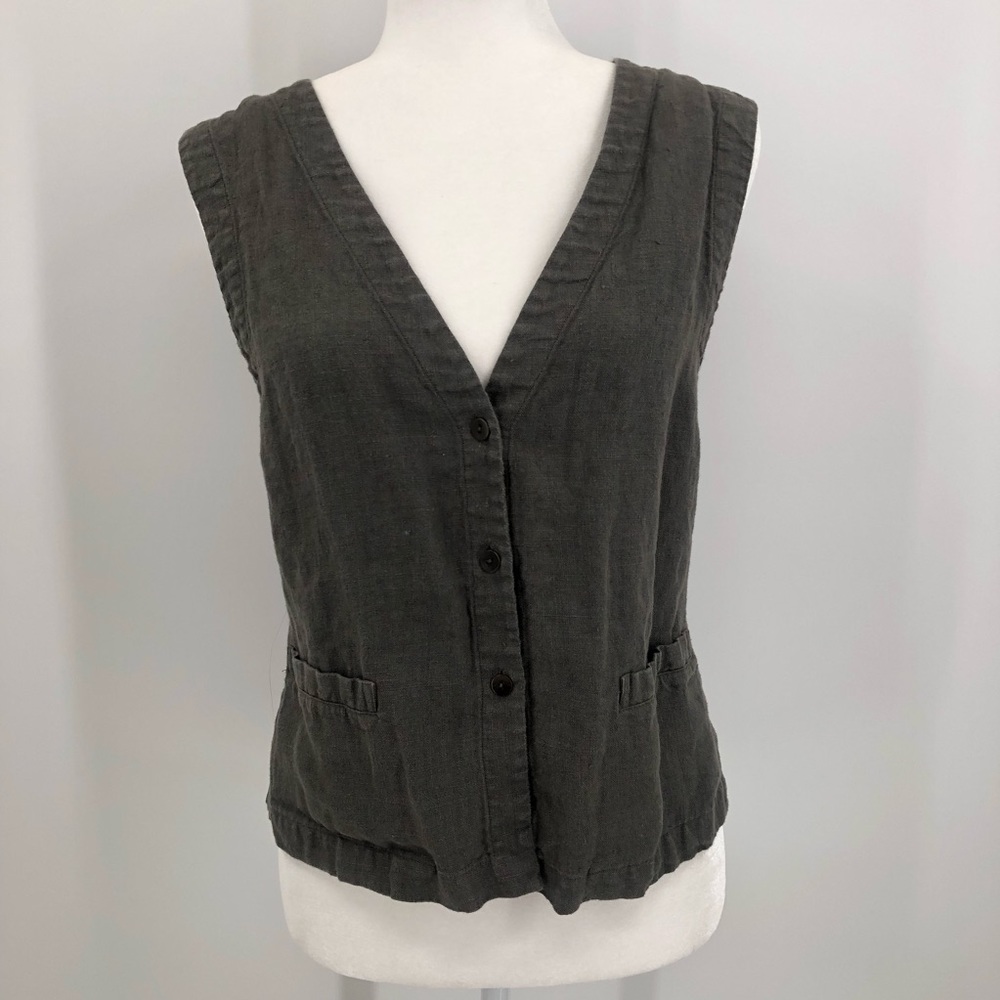 Eileen Fisher S grey tie back irish linen vest lagenlook 100% linen 0650